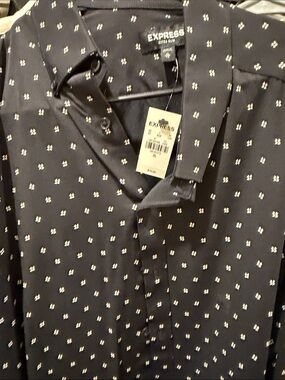 Express Men's Black Button-Down Shirt with Small White Geometric Print